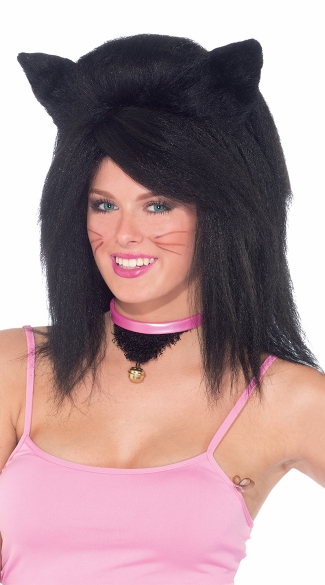 Jet Black Fierce Feline Fantasy, Cat Ear Wig, Jet Black Wig