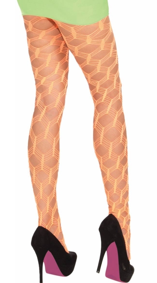 Neon Orange Wide Fishnet Pantyhose, Neon Orange Pantyhose, Neon Orange Stockings, Wide Net Pantyhose