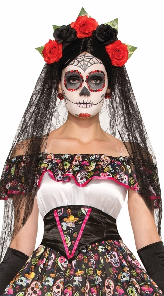 Day of the Dead Black Veil Headdress, Gothic Headdress, Day of the Dead Flower Headband