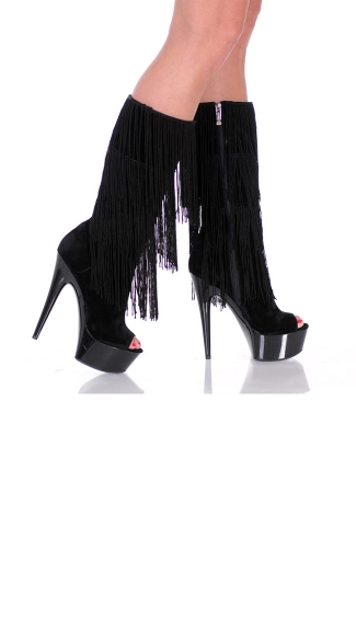 6\" Open Toe Micro Suede Calf High Fringe Boots