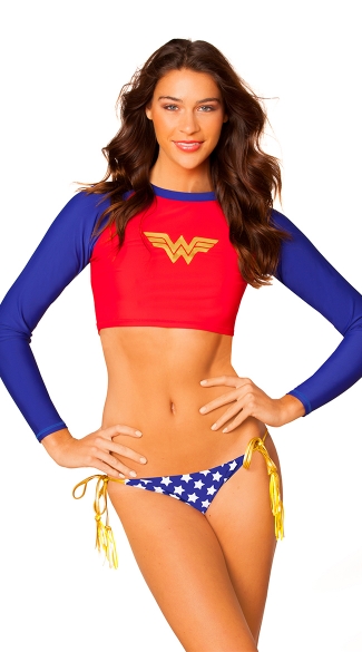 Wonder Woman Rash Guard, Wonder Woman Surf Guard, Red and Blue Rash Guard