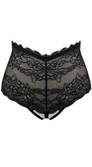 High Waisted Lace Crotchless Panty, Black Lace Panty, Black Crotchless Panty