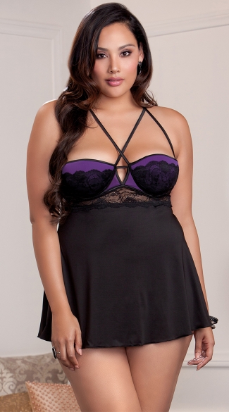 Plus Size Damsel in Distress Babydoll, Plus Size Black And Purple Babydolls, Plus Size Sexy Strappy Purple Nighties