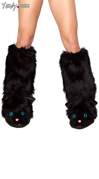 Black Cat Faux Fur Legwarmers, Black Plush Legwarmers