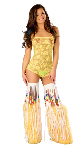 Yummy Yellow Ravewear Set, White and Yellow Rave Outfit, Lace Rave Romper