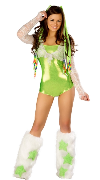 Groovy Green Romper and Furry Legwarmers Set, Metallic Green Romper and Legarmers, Metallic Rave Romper Set