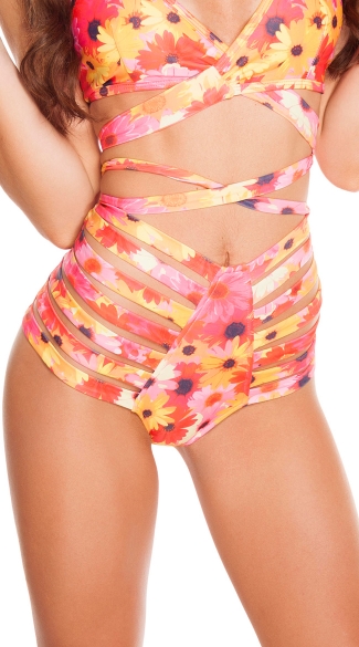 Neon Daisy Strappy High Waisted Shorts, Daisy Print Shorts