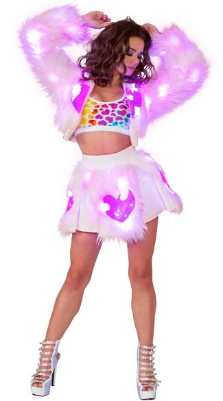 Pink and Rainbow Hearts Light-Up Shag Set, Rainbow Hearts Crop Top, Neon Heart Print Top, Heart Top, Light-Up Pink Heart Shag Jacket, Light-Up Jacket, Rave Clothing, Light-Up Pink Heart Shag Skirt, Light-Up Skirt, Dancewear Skirt