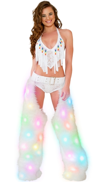 Light-Up Shag Chaps and Bikini Set, Cyclone Lace Fringe Top, Beaded Fringe Top, Lace Fringe Top, Cyclone Lace Short, Lace Shorts, Sheer Lace Shorts, Light-Up White Shag Chaps, Shag Chaps, Dancewear Chaps