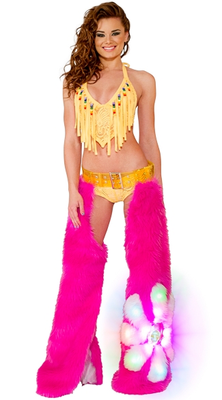 Pink Flower Power Light-Up Chaps Set, Cyclone Lace Fringe Top, Beaded Fringe Top, Lace Fringe Top, Cyclone Lace Short, Lace Shorts, Sheer Lace Shorts, Light-Up Hot Pink Daisy Chaps, Pink Chaps, Dancewear Chaps