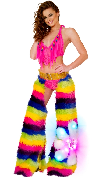 Rainbow Flower Power Bikini and Chaps Set, Cyclone Lace Fringe Top, Beaded Fringe Top, Lace Fringe Top, Cyclone Lace Short, Lace Shorts, Sheer Lace Shorts, Light-Up Rainbow Daisy Chaps, Rainbow Dancewear, Rainbow Ravewear