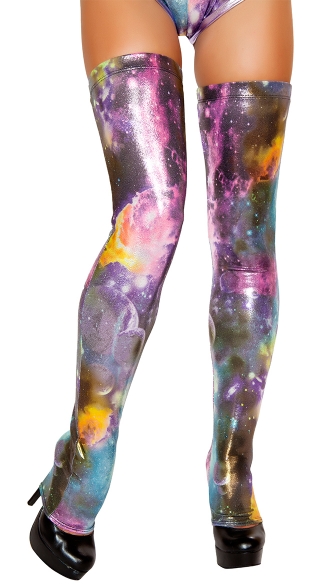 Metallic Galaxy Leggings, Space Print Thigh Highs