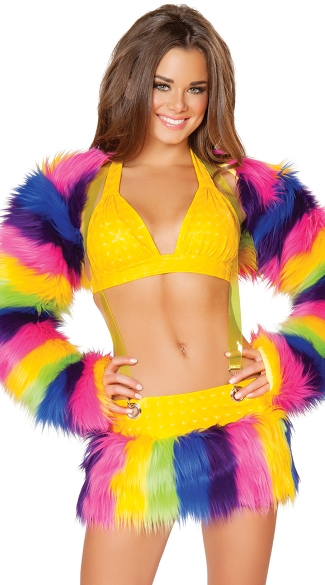 Suspender Skirt And Halter Top, Light-Up Furry Legwarmers, Legwarmers with Lights, Rainbow Faux Fur Shrug, Rainbow Shrug