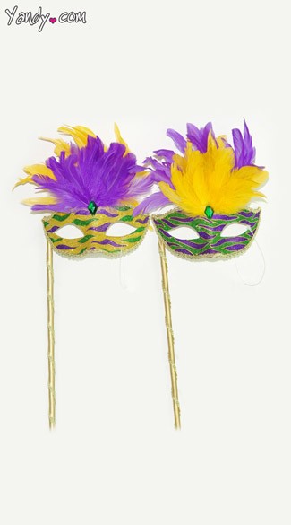 Handheld Glitter Mardi Gras Mask, Venetian Mask with Short Feathers and Stick