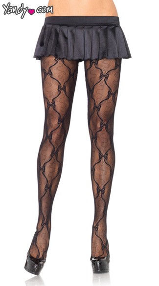 Bow Lace Pantyhose, Bow Print Pantyhose, Black Bow Pantyhose Stockings