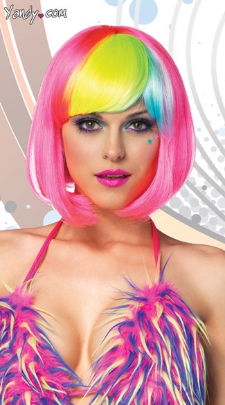 Pop Rainbow Bang Wig, Bob Wig, Black Bobbed Wig, Pink Rainbow Wig