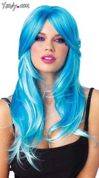 Blue Glow Wig, Two Tone Wig, Blue Costume Wig, Wavy Neon Blue Wig