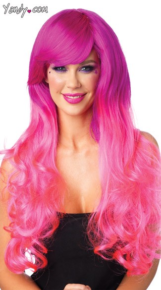 Pink Two Tone Wig, Long Pink Wig, Curly Pink Wig