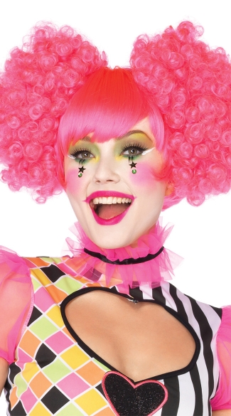Neon Pink Harlequin Wig, Pink Curly Wig, Pink Clown Wig, Hot Pink Wig