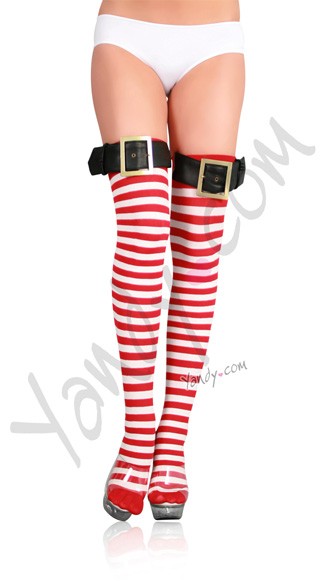 Nylon Striped Stockings with Belt Buckle Top, Santa Claus Stockings, Christmas Stockings, Sexy Santa Stockings