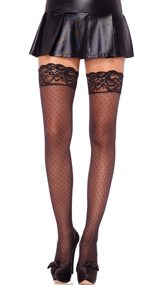 Diamond Dot Lace Top Thigh Highs, Black Lace Top Stockings