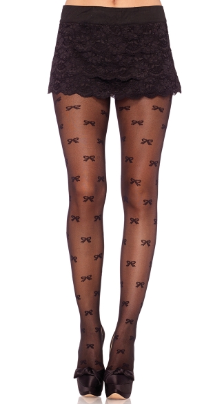 Black Vintage Bow Pantyhose, Sheer Black Bow Pantyhose