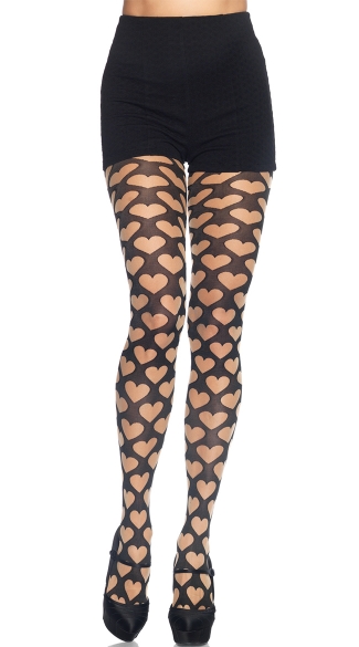 Two Tone Heart Print Pantyhose, Black and Nude Heart Print Pantyhose, Sheer and Black Pantyhose with Hearts