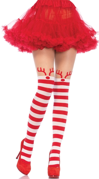 Rudolph Striped Pantyhose, Red and White Striped Pantyhose, Reindeer Pantyhose