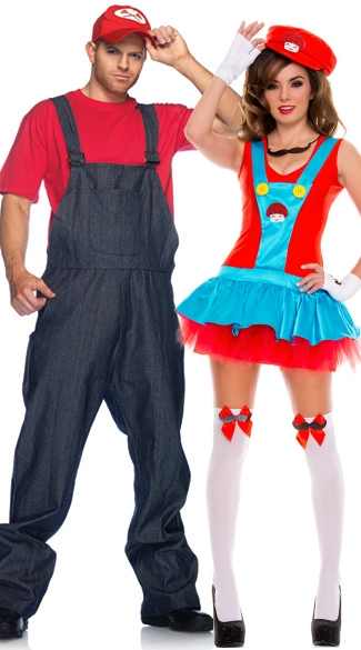 Playful Plumbers Couples Costume, Sexy Red Plumbers Couples Costume, Red Mario Couples Costume, Video Game Couples Costume