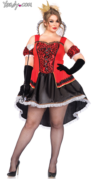 Plus Size Royally Sexy Queen Costume, Plus Size Red and Black Queen Of Hearts Costume, Plus Size High Collar Queen of Hearts Costume