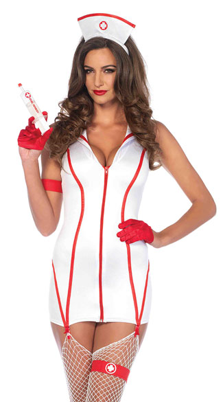 Heart Stoppin\' RN Costume, Sexy Faux Leather Black Nurse Costume, Seductive Dark Nurse Costume