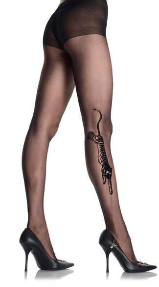 Sheer Pantyhose with Rhinestone Eyed Tiger Tattoo
