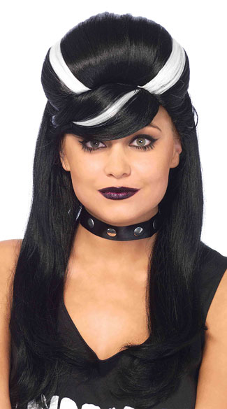 Frankie Bouffant Wig, Black and White Wig, Teased Black Wig