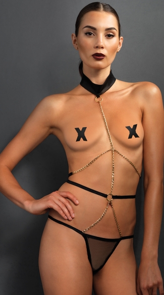 Temptress Halter Chain Teddy, Gold Chain Teddy Set, Halter Teddie with G-String