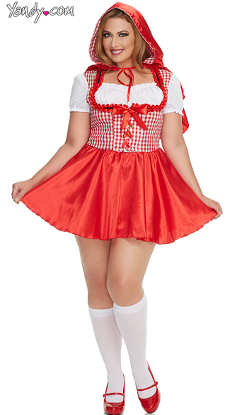 Plus Size Hooded Red Damsel Costume, Plus Size Sexy Red Fairytale Costume, Plus Size Red Riding Halloween Costume