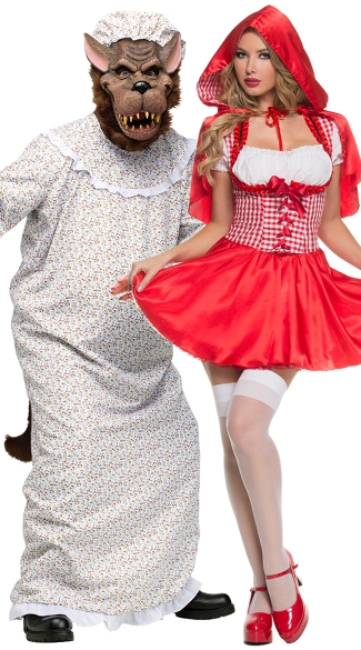 Hooded Damsel and Wolf Couples Costume, Hooded Red Damsel Costume, Sexy Red Fairytale Costume, Red Riding Halloween Costume, Big Bad Granny Wolf Adult Costume, Scary Big Bad Wolf Costume, Adult Wolf Costume