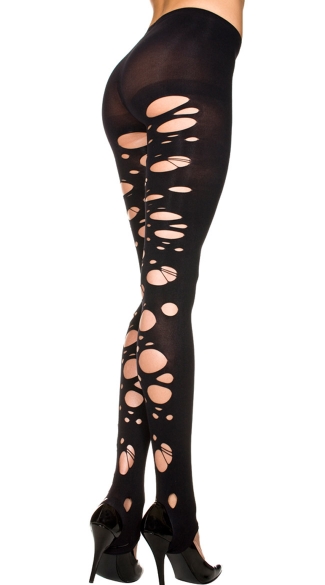Tattered Opaque Leggings, Ripped Leggings, Black Torn Leggings