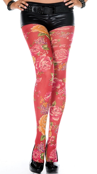 Blooming Flowers Patterned Pantyhose, Red Flower Print Pantyhose, Rose Pantyhose