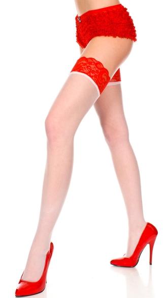 Plus Size Sheer Thigh High with Contrast Lace Top, Plus Size Thigh High Stockings