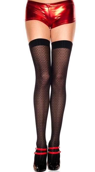 Diamond Print Opaque Stockings, Opaque Thigh Hi With Diamond Chain Design