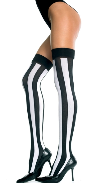 Opaque Vertical Striped Thigh Highs, Black and White Thigh Highs, Black and White Striped Stockings