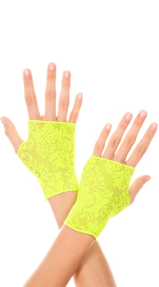 Neon Green Lace Gloves, Rave Gloves, Neon Fingerless Gloves