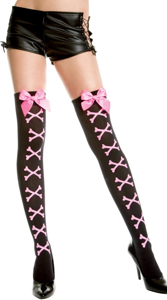 Opaque Crossbones Thigh Highs With Bow Black Thigh Highs With Pink Crossbones And Pink Bow 