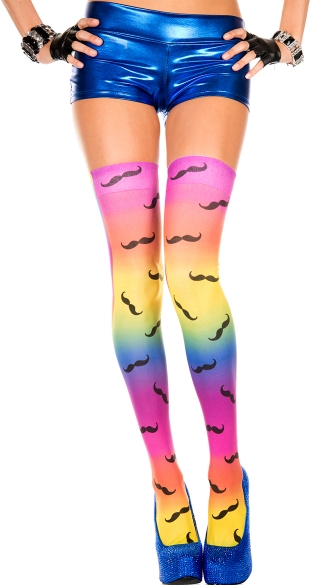 Opaque Rainbow Mustache Stockings, Thigh High Socks For Women, Rainbow Thigh High Stockings