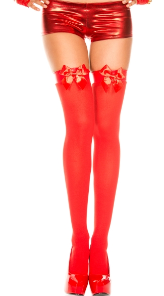 Opaque Thigh with Vinyl Top, Solid Thigh High with Vinyl Band and Bow, Vinyl Trimmed Thigh High