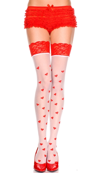 Heart Print Thigh High with Lace Top, Sheer Thigh High with Hearts, Hearts Hosiery, White Thigh High with Red Hearts