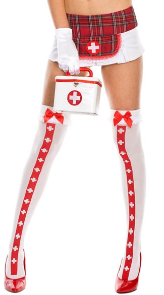 Nurse Costume Medic Thigh Highs, Opaque Thigh Hi With Cross And Ruffle Lace Top With Satin Bow, Costume Hosiery, Halloween Hosiery, Sexy Nurse Costume