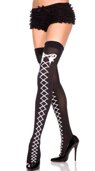 Opaque Thigh Highs with Faux Lace Up and Bow, Black Thigh Highs with White Lace Up and Bow Print, Costume Hosiery