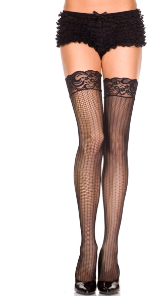 Fishnet Thigh Highs with Vertical Stripes, Black Fishnet Thigh Highs with Lace Top and Vertical Stripes, Costume Hosiery