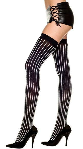 Opaque Thigh Highs with Furry Stripes, Black and White Striped Thigh Highs, Costume Hosiery